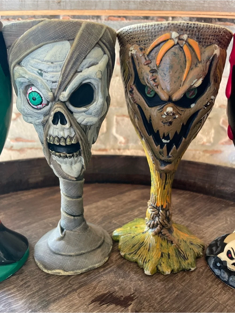 Vintage Halloween 6 Goblet Set Clown Skull Mummy Frankenstein Scarecrow Pirate